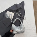 Silver pleated handbag with digital prints and metallic chain strap for women - Silver No Pendant