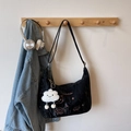 Sac à bandoulière en velours noir avec broderie chat et pendentif nuage doux décoratif - Noir