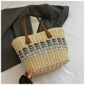 Close-up of multicolored wave weave and brown leather handles on a straw tote bag - Blue & Beige