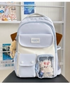 Detail of cute student backpack with transparent window and plush bear pendant - With Ornament / Blue