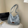 Bolso tote de jacquard geométrico azul y gris con logo marrón y hebilla de metal plata - Marrón Sin Colgante