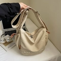 Beige large capacity canvas crossbody bag with embroidery and side drawstring detail - Small / Khaki
