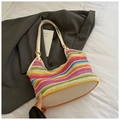 Sac fourre-tout tissé à rayures arc-en-ciel avec poignées en cuir blanc style plage - Rayures Arc-en-ciel Blanc