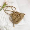 Sac seau en paille tissée beige avec cordon et bandoulière à glands pour l'été - Kaki