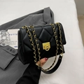 Classic black quilted leather crossbody bag with elegant gold chain strap and square metal buckle - Black