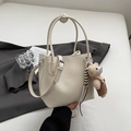 Chic beige lychee textured bucket bag with a cute brown teddy bear plush pendant - White with Pendant