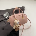 Pink minimalist faux leather shoulder bag with plush bear charm and long strap - With Bear Charm / Pink