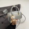 Silver metallic leather Boston bag with plush bear charm and detachable strap - With Bear Charm / Silver