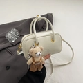 White leather tote bag with stylish gold hardware and cute plush bear accessory - With Bear Charm / White