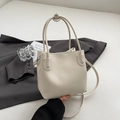 Minimalist cream white lychee texture leather bucket bag with slim shoulder strap - White Without Pendant