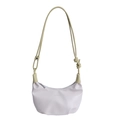 Chic purple crescent hobo bag with green knotted rope shoulder strap and FASHION & BAG print - White