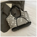 Grijze tweed shopper met 3D-bloemaccenten en zwarte lederen handgrepen - Grijs