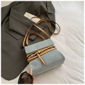 Fashionable blue denim small crossbody bag with khaki leather straps and golden buckles - Blue