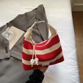 Red and white striped knitted hobo bag with cream leather strap and bead charms - Burgundy