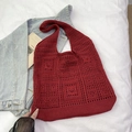 Red crochet knit tote bag with geometric hollow-out pattern and wide shoulder strap - Red