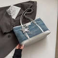 Blue denim style tote bag with silver leather trim and a star charm on gray suit - With Pendant / Dark Blue