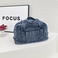 Ρετρό μπλε τσάντα από πλυμένο denim με διπλές λαβές και μπροστινή τσέπη για γυναίκες - Μπλε