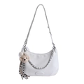 White half-moon tote bag with leather texture, silver chain, and cute bear pendant - White (With Charm)