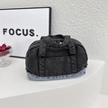 Vintage black washed denim Boston handbag with blue patchwork base and dual handles - Black and Blue