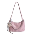 Pink crescent hobo bag with silver chain strap and a cute plush bear keychain - Pink (With Pendant)