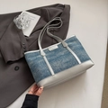 Blue denim tote bag with silver leather straps and minimalist rectangular patch - No Pendant / Dark Blue