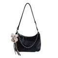 Minimalist black hobo shoulder bag with silver chain and cute beige plush pendant - Black (With Charm)