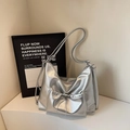 Metallic silver hobo bag with drawstring pocket and smooth faux leather finish - Silver No Pendant