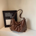 Fashionable dark brown pleated shoulder bag with large capacity and drawstring detail - Brown No Pendant