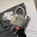 Silver metallic textured handbag with pearl heart charm and lace bow detail - Silver with Charm