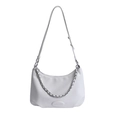 Minimalist white hobo tote bag with silver chain detail and adjustable shoulder strap - White