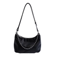 Minimalist black pebbled leather tote bag with silver chain and long shoulder strap - Black