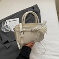 Chic cream white mini handbag with crushed leather texture and heart pearl charm accessory - Cream White with Pendant