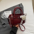 Retro wine red pleated faux leather handbag with lace bow pearl charm and shoulder strap - Ankara Red With Pendant