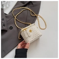 Macro shot of white ostrich skin texture handbag with golden chain and floral charm - White Small