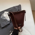 Minimalist dark brown suede bucket bag with leather shoulder strap for casual wear - Coffee