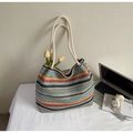 Borsa tote in paglia intrecciata a righe colorate con manici in corda di cotone crema - Colorato