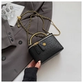 Detail of black ostrich texture box bag with golden camellia and metal handle - Black Large