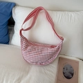 Pink gingham dumpling bag with adjustable striped strap in a stylish crescent design - Pink