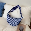 Blue and white gingham dumpling bag with adjustable striped strap and crescent silhouette - Blue