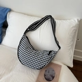 Chic black and white gingham crescent bag with striped adjustable wide shoulder strap - Black