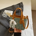 Retro green denim bucket bag with leather strap and pearl heart pendant charm - Style One With Bear Charm