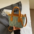 Mini denim bucket bag with brown leather trim and monogram pattern for women - Style 1 Without Charm