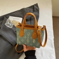 Blue denim monogram mini bucket bag with brown leather straps and gold hardware - Style 2 Without Charm