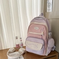Pink and beige large capacity student backpack with multi-layer zippers and mini purse - Purple No Charm