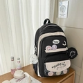 Black and beige high school backpack with transparent display pocket and plush dog charm - Black With Ornaments & Badges