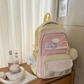 Pink and yellow patchwork school backpack with cute bunny badges and dog plush pendant - Yellow With Ornaments & Badges