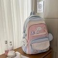 Pink and blue student backpack with cartoon badges and white plush puppy pendant - Blue With Ornaments & Badges