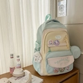 Pastel colorblock school backpack for girls with cute pins and plush puppy pendant - Green With Ornaments & Badges