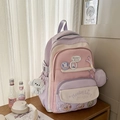Pink and purple school backpack with cute badges, plush dog charm, and mini coin purse - Purple With Ornaments & Badges