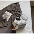 Elegant silver metallic Boston bag with faux leather crackle finish and plush charm - Silver With Pendant